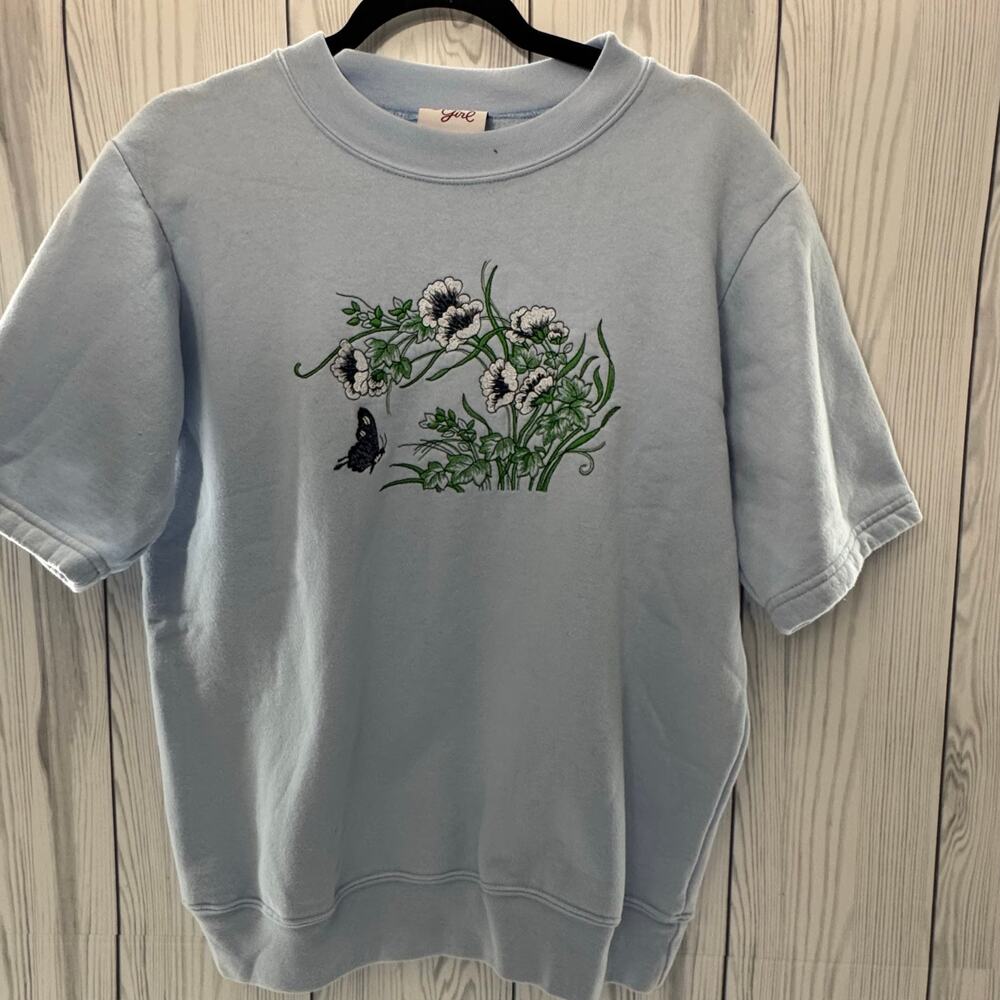 Vintage Floral Embroidered crewneck Blue Grandma USA Ginnis Girl Size Large